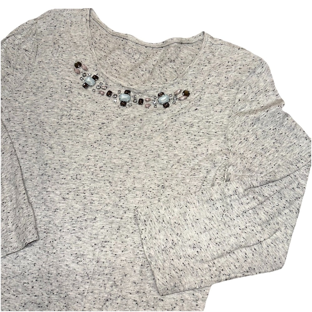 Ann Taylor Loft Gray Speckled Rhinestones Long‎ Sleeve Cotton Shirt Women's M